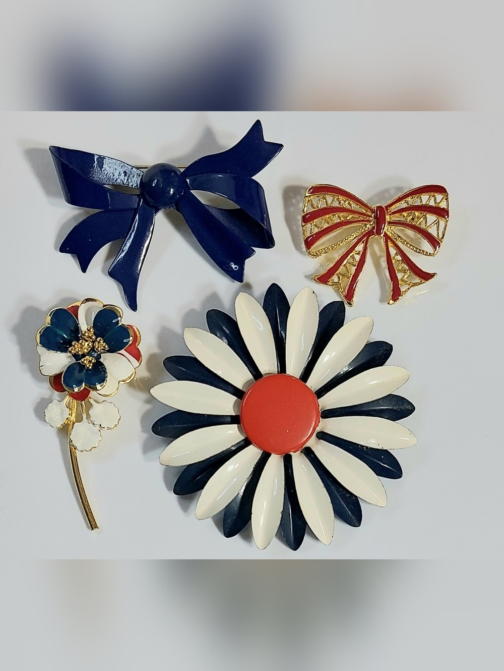 Vintage Enamel Brooch Set Red, White And Blue
